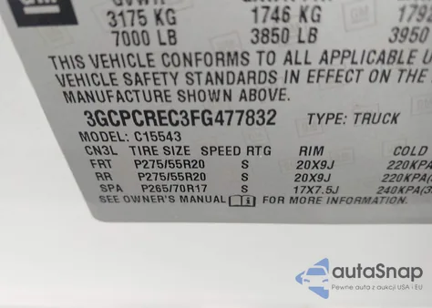 2015 Chevrolet Silverado 1500 1Lt from USA, damaged, VIN 3GCPCREC3FG477832